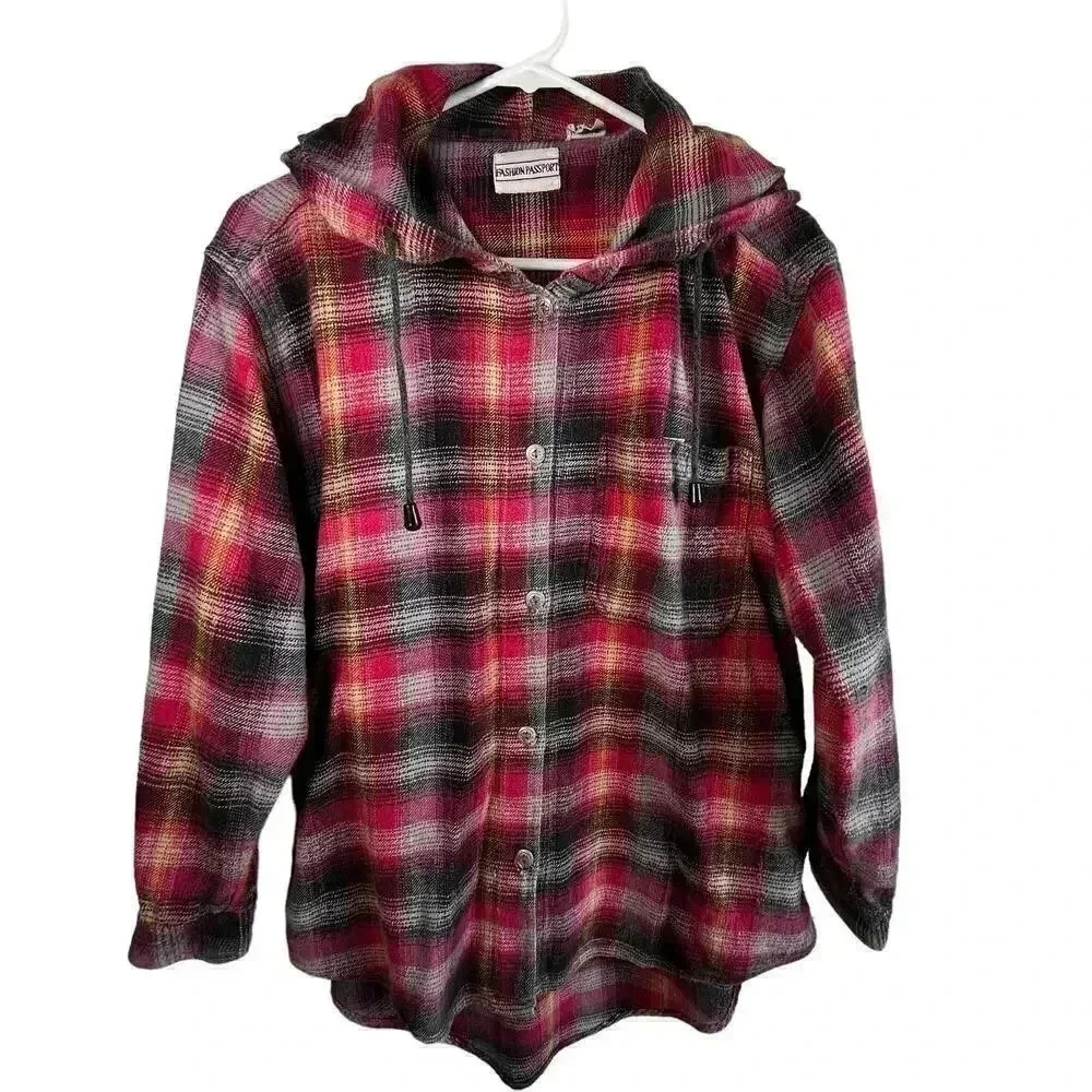 Fashion Passport Women’s Cotton Pink Button-up Hooded‎ Flannel Medium
